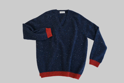ウールカシミヤVネックプルオーバー　navy×garnet (hand knitting machine +  hand knit)